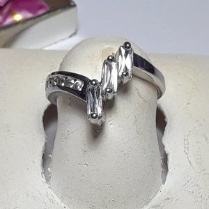 .66cttw 3 Straight Baguette & Round CZ offset channel Sterling Silver Ring#17911